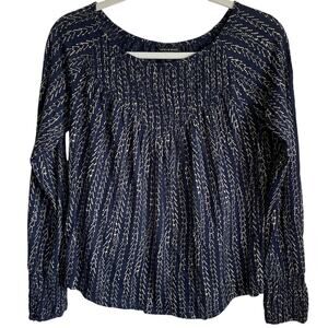 Lucky Brand Peasant Top Smocked Bodice Cuffs Sz S Long Sleeve Blue Tan Boho Soft